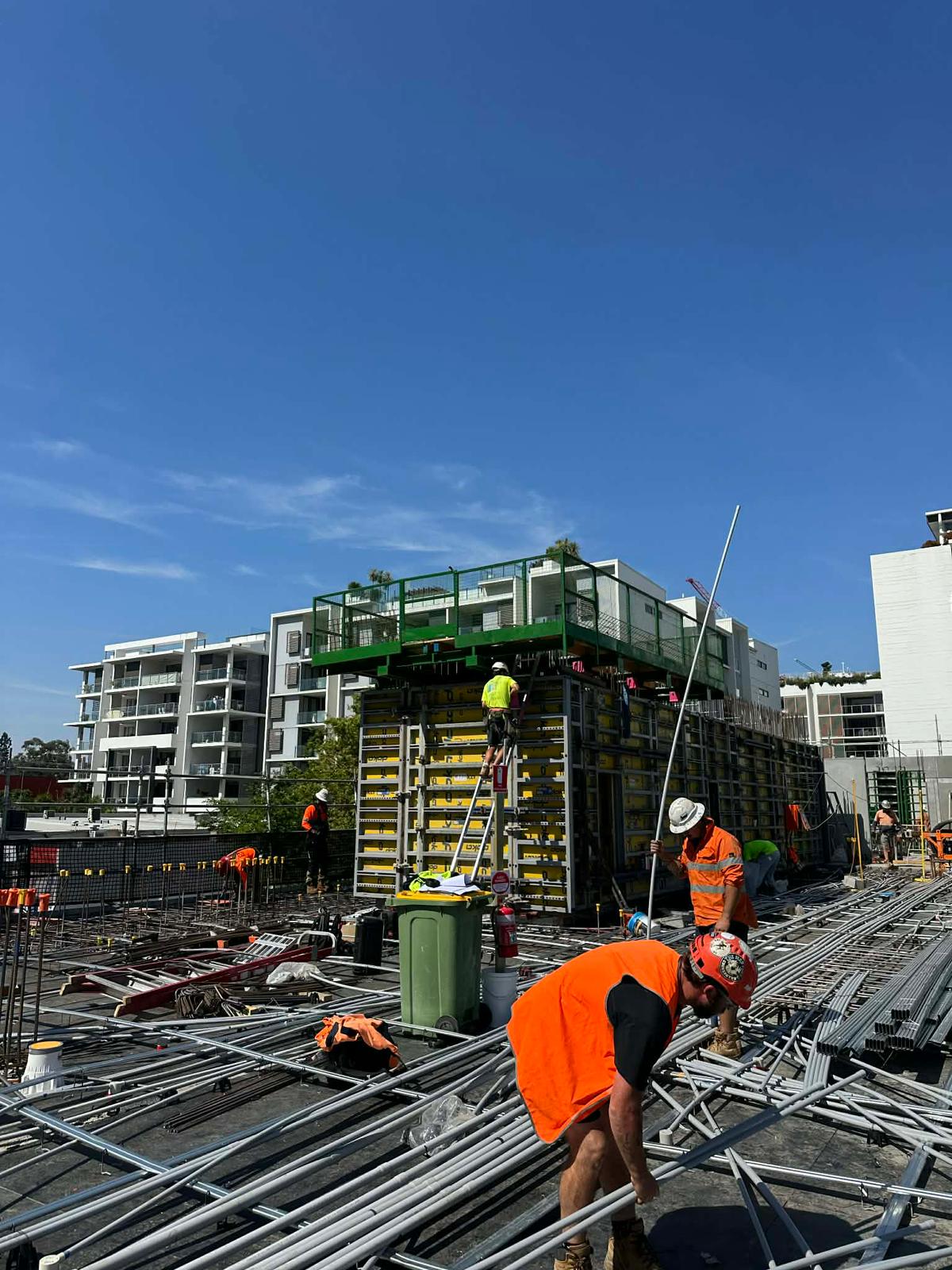 Structural steel construction site with workers, Brisbane QLD